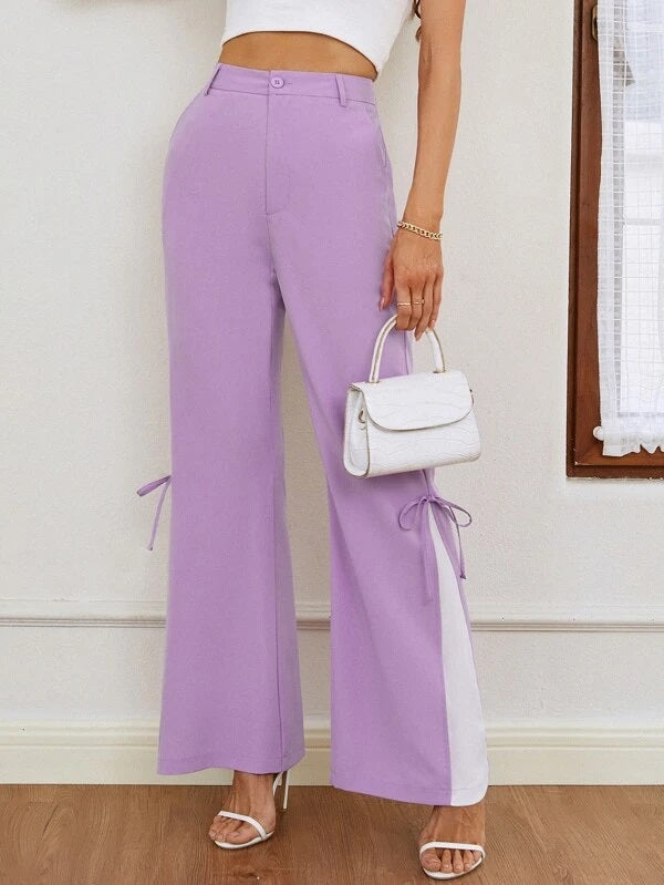 CM-BS766877 Women Casual Seoul Style Colorblock Bow Detail Flare Leg Pants - Purple