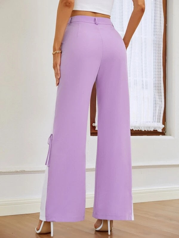 CM-BS766877 Women Casual Seoul Style Colorblock Bow Detail Flare Leg Pants - Purple