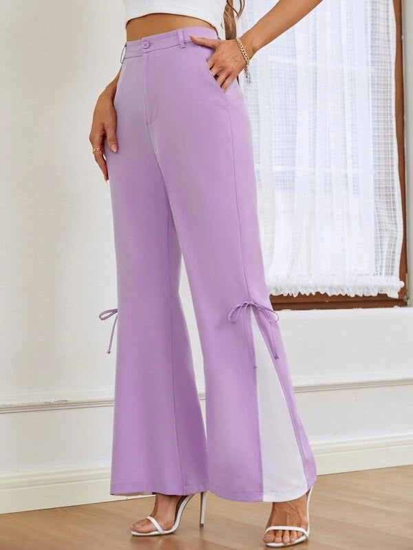 CM-BS766877 Women Casual Seoul Style Colorblock Bow Detail Flare Leg Pants - Purple