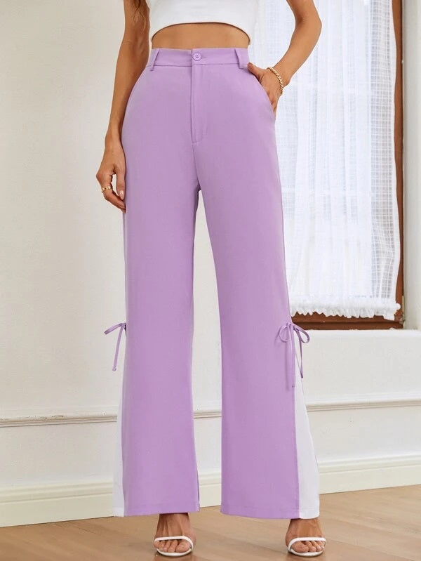 CM-BS766877 Women Casual Seoul Style Colorblock Bow Detail Flare Leg Pants - Purple