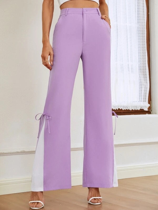 CM-BS766877 Women Casual Seoul Style Colorblock Bow Detail Flare Leg Pants - Purple