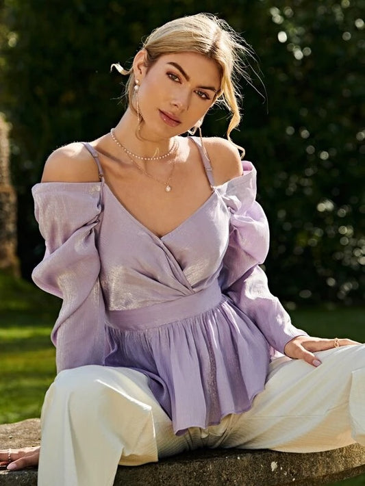 CM-TS563363 Women Elegant Seoul Style Cold Shoulder Puff Sleeve Peplum Top - Purple