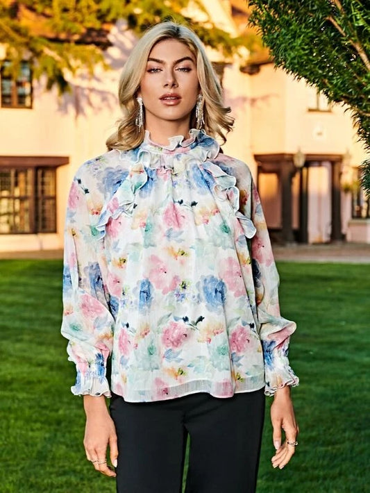 CM-TS663674 Women Trendy Bohemian Style Floral Print Ruffle Detail Top