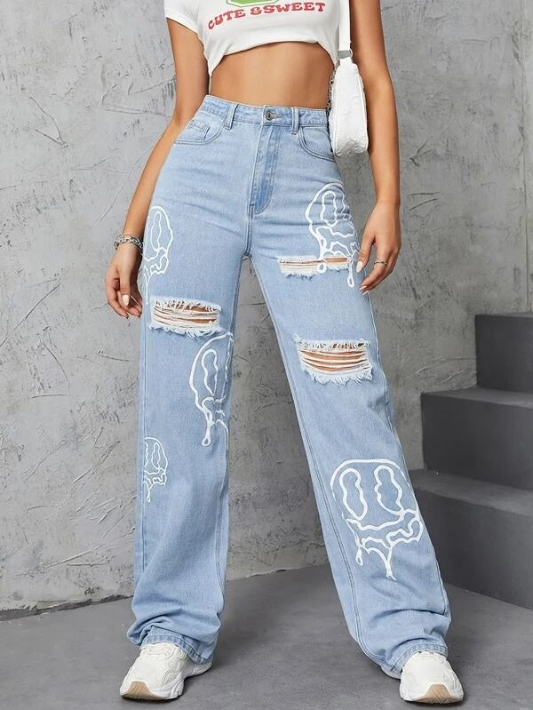 CM-BS252287 Women Casual Seoul Style Cartoon Face Graphic Ripped Wide Leg Jeans