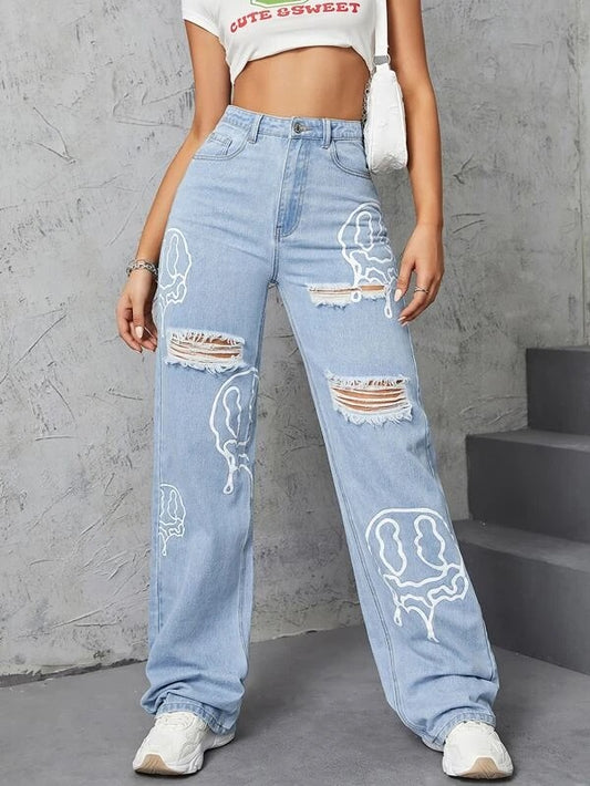 CM-BS252287 Women Casual Seoul Style Cartoon Face Graphic Ripped Wide Leg Jeans