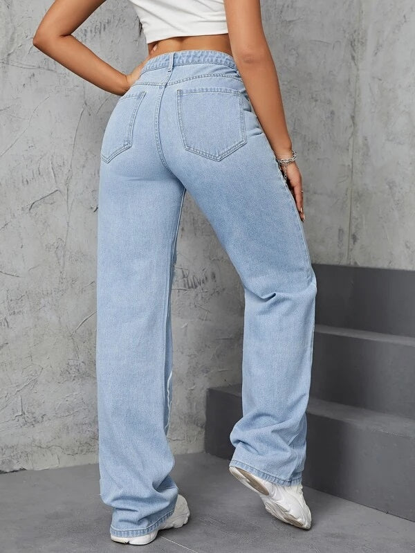 CM-BS252287 Women Casual Seoul Style Cartoon Face Graphic Ripped Wide Leg Jeans