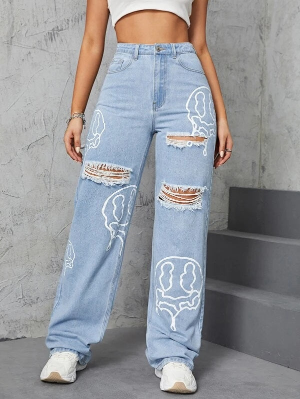 CM-BS252287 Women Casual Seoul Style Cartoon Face Graphic Ripped Wide Leg Jeans