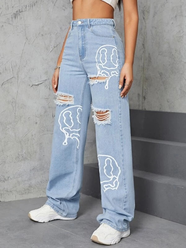 CM-BS252287 Women Casual Seoul Style Cartoon Face Graphic Ripped Wide Leg Jeans