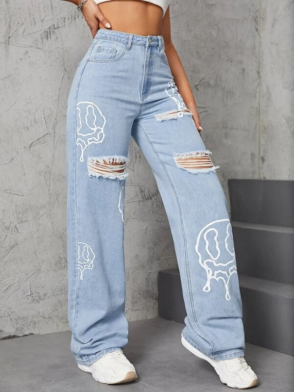 CM-BS252287 Women Casual Seoul Style Cartoon Face Graphic Ripped Wide Leg Jeans