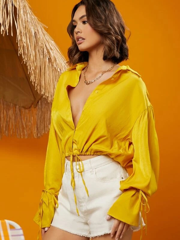 CM-TS899911 Women Casual Seoul Style Bell Cuff Button Through Drawstring Waist Top - Yellow