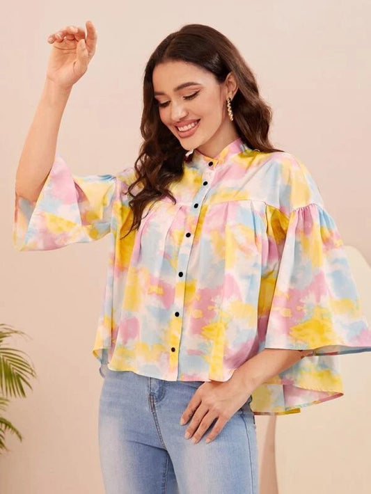 CM-TS088900 Women Casual Seoul Style Tie Dye Trumpet Sleeve High Low Hem Blouse