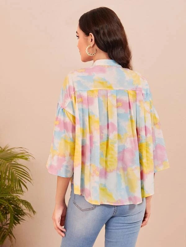 CM-TS088900 Women Casual Seoul Style Tie Dye Trumpet Sleeve High Low Hem Blouse
