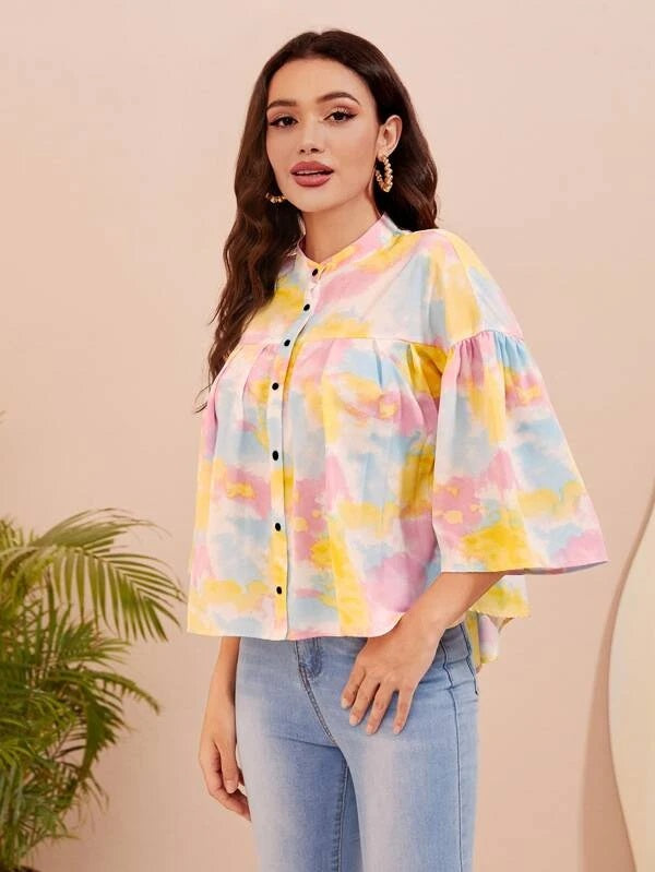 CM-TS088900 Women Casual Seoul Style Tie Dye Trumpet Sleeve High Low Hem Blouse