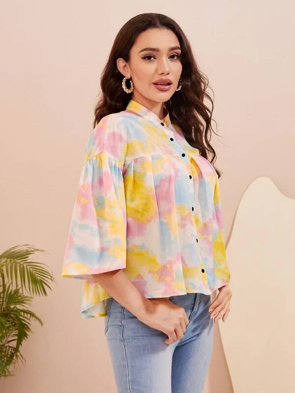 CM-TS088900 Women Casual Seoul Style Tie Dye Trumpet Sleeve High Low Hem Blouse