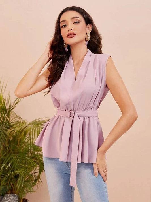 CM-TS452311 Women Elegant Seoul Style Solid Sleeveless Belted Blouse - Dusty Pink