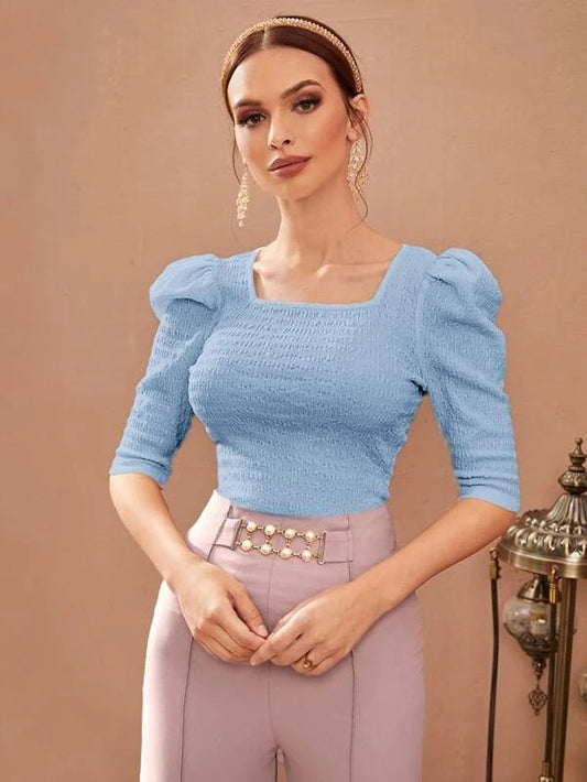 CM-TS548484 Women Elegant Seoul Style Puff Sleeve Square Neck Tee - Baby Blue