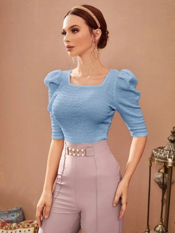 CM-TS548484 Women Elegant Seoul Style Puff Sleeve Square Neck Tee - Baby Blue