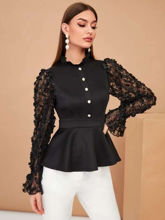 CM-TS725558 Women Trendy Bohemian Style Floral Applique Ruffle Hem Frill Trim Top - Black