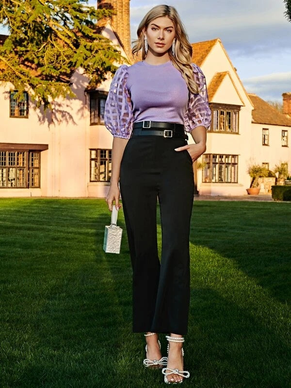 CM-TS144052 Women Elegant Seoul Style Sheer Puff Sleeve Top - Purple