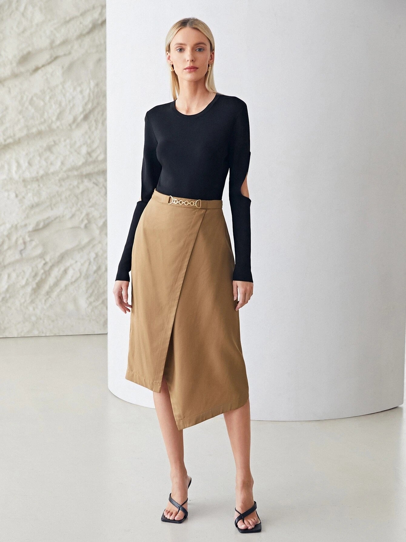 CM-BS960323 Women Elegant Seoul Style High Waist Asymmetrical Midi Skirt - Khaki