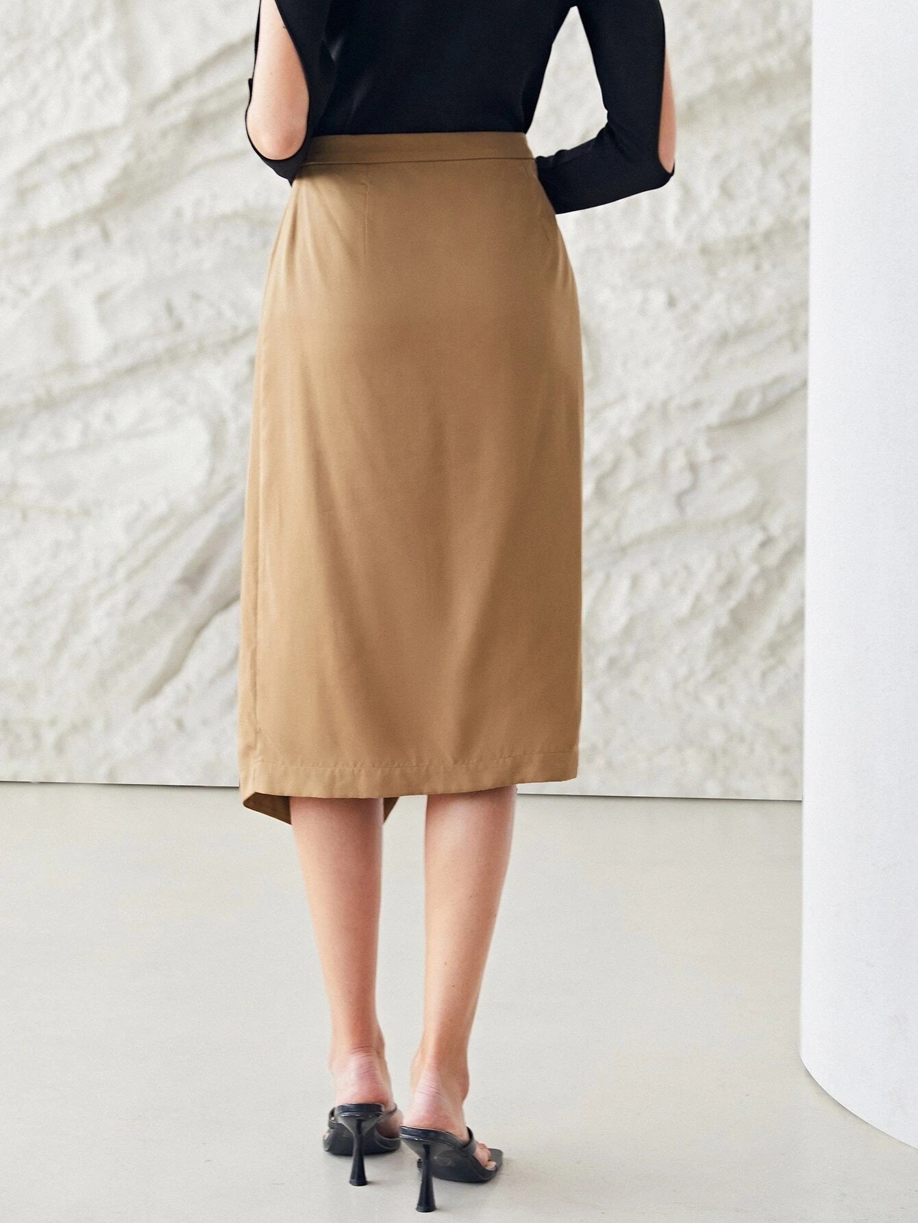 CM-BS960323 Women Elegant Seoul Style High Waist Asymmetrical Midi Skirt - Khaki