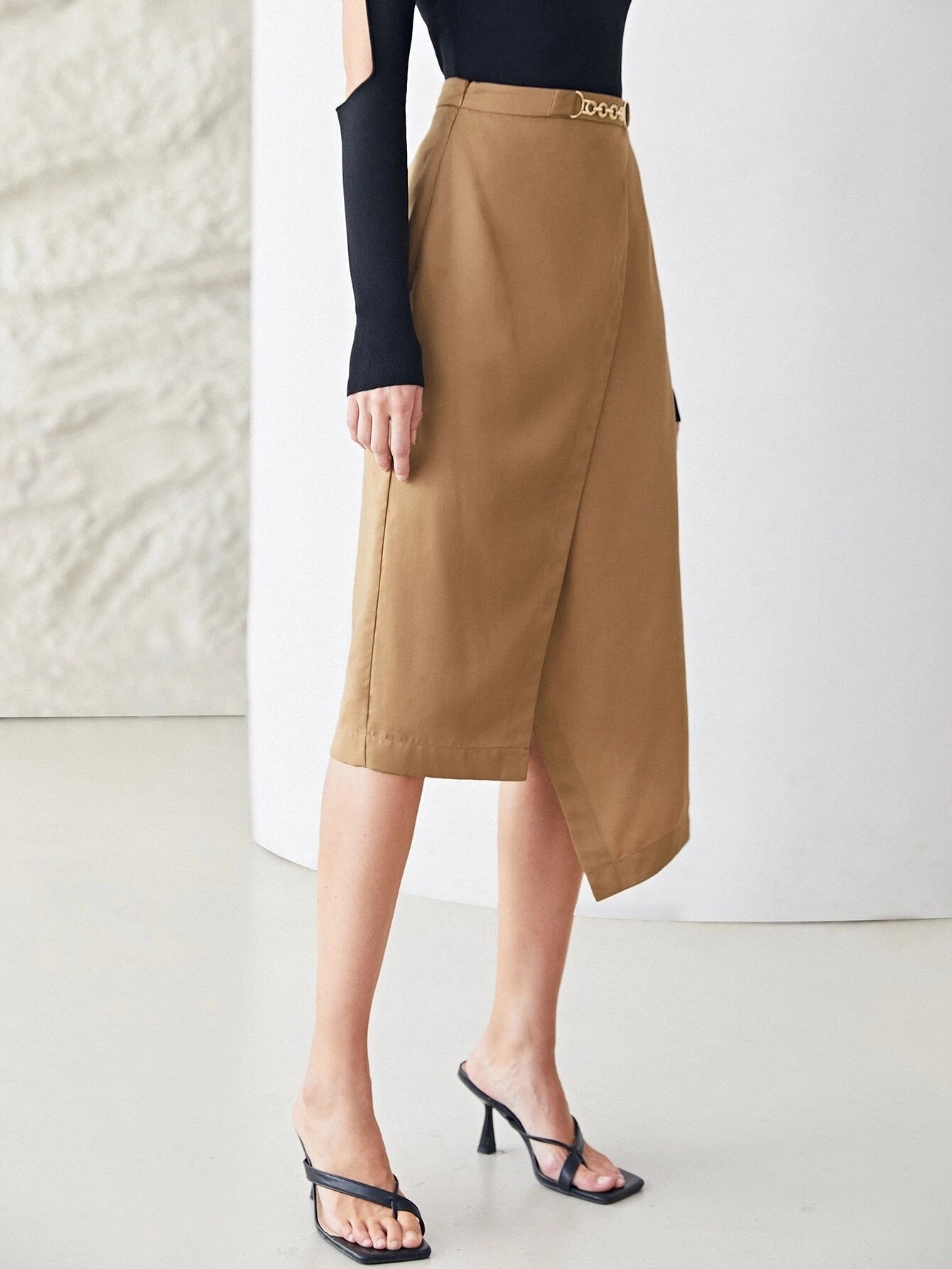 CM-BS960323 Women Elegant Seoul Style High Waist Asymmetrical Midi Skirt - Khaki