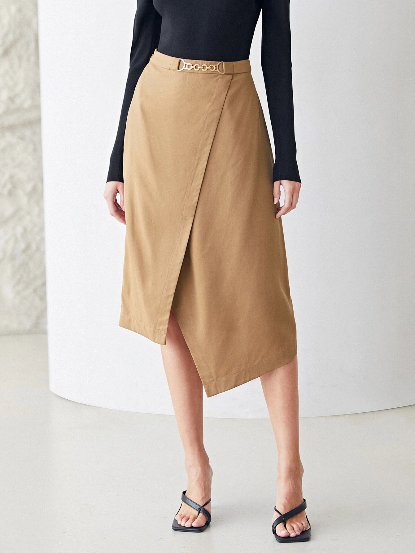 CM-BS960323 Women Elegant Seoul Style High Waist Asymmetrical Midi Skirt - Khaki