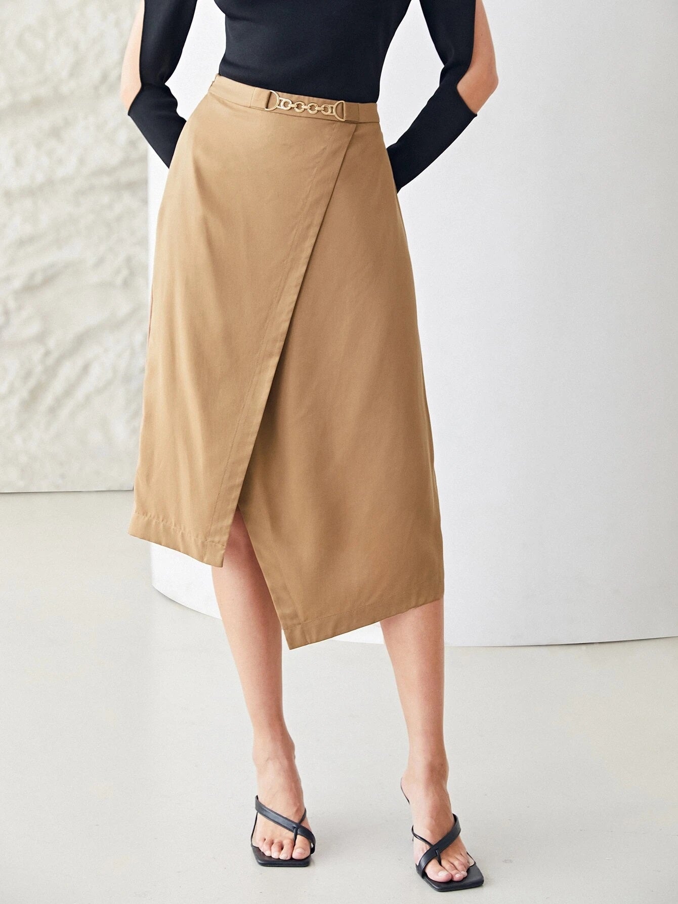 CM-BS960323 Women Elegant Seoul Style High Waist Asymmetrical Midi Skirt - Khaki