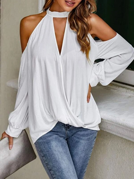 CM-TS631726 Women Casual Seoul Style Solid Choker Neck Cold Shoulder Blouse - White