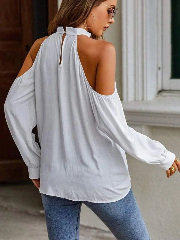 CM-TS631726 Women Casual Seoul Style Solid Choker Neck Cold Shoulder Blouse - White