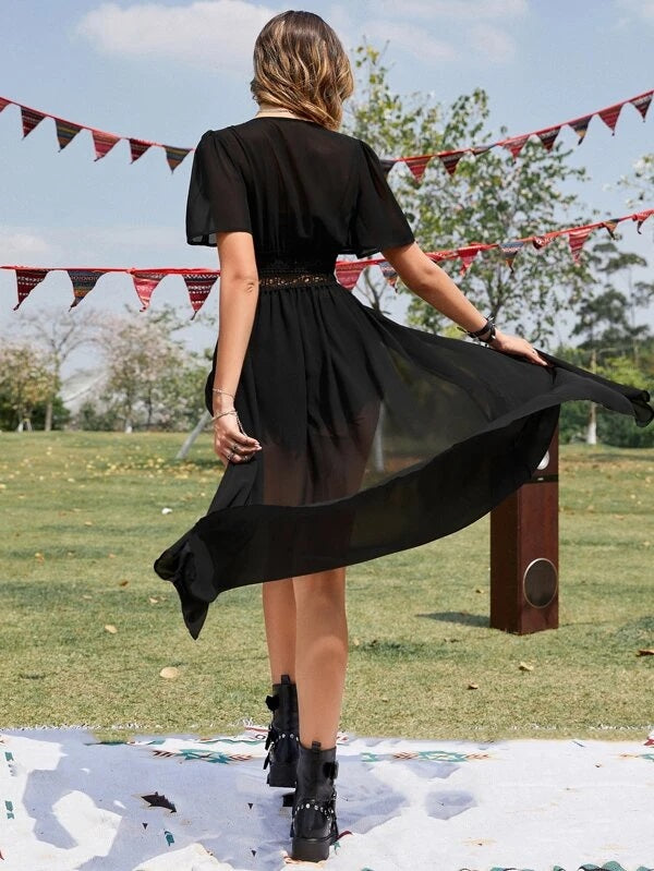 CM-SWS190494 Women Trendy Seoul Style Eyelet Embroidery Tie Front Kimono - Black