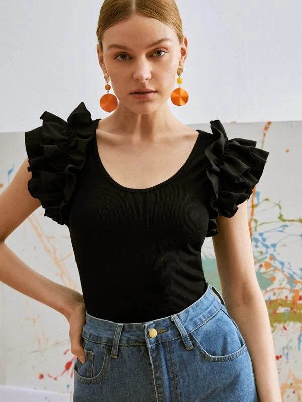 CM-TS505400 Women Casual Seoul Style Cap Sleeve Ruffle Trim Scoop Neck Tee - Black