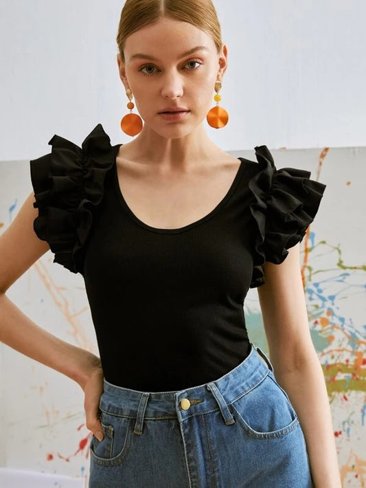 CM-TS505400 Women Casual Seoul Style Cap Sleeve Ruffle Trim Scoop Neck Tee - Black