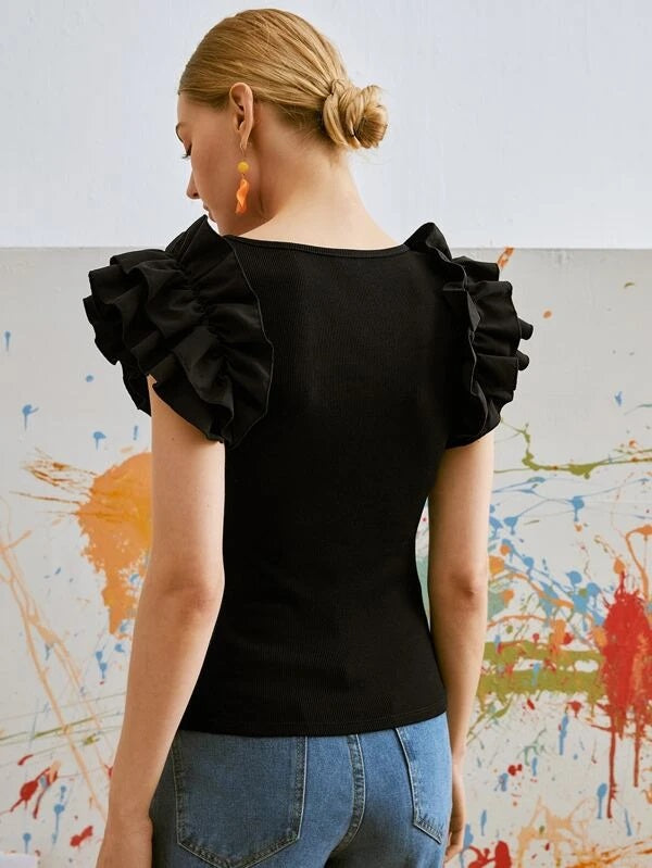 CM-TS505400 Women Casual Seoul Style Cap Sleeve Ruffle Trim Scoop Neck Tee - Black