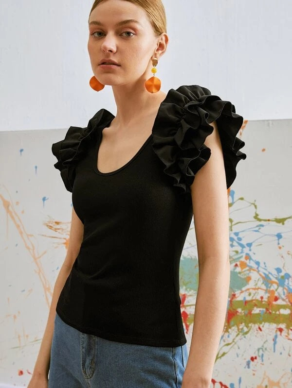 CM-TS505400 Women Casual Seoul Style Cap Sleeve Ruffle Trim Scoop Neck Tee - Black