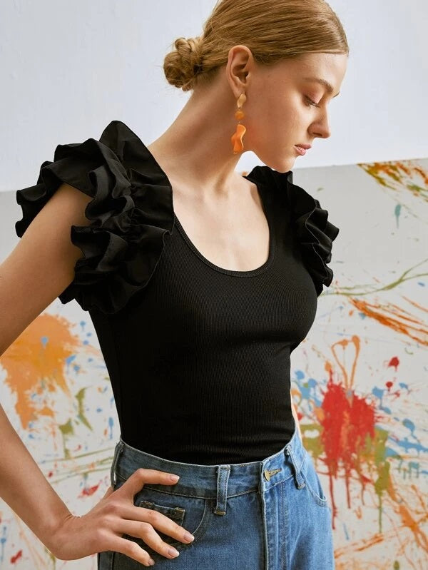 CM-TS505400 Women Casual Seoul Style Cap Sleeve Ruffle Trim Scoop Neck Tee - Black
