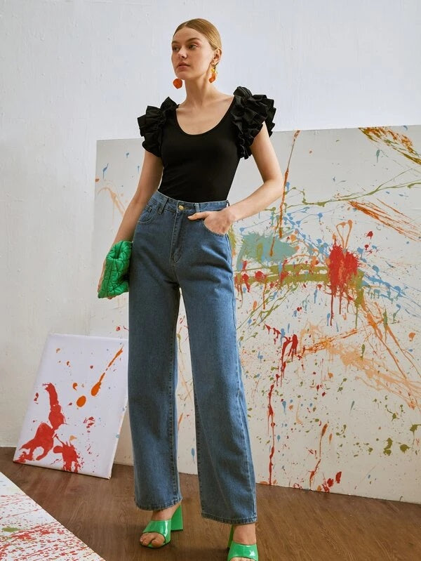 CM-TS505400 Women Casual Seoul Style Cap Sleeve Ruffle Trim Scoop Neck Tee - Black