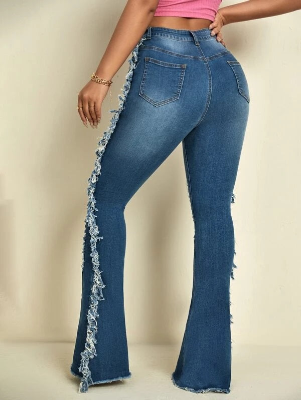 CM-BS054730 Women Casual Seoul Style Ripped Frayed Raw Hem Flare Leg Jeans
