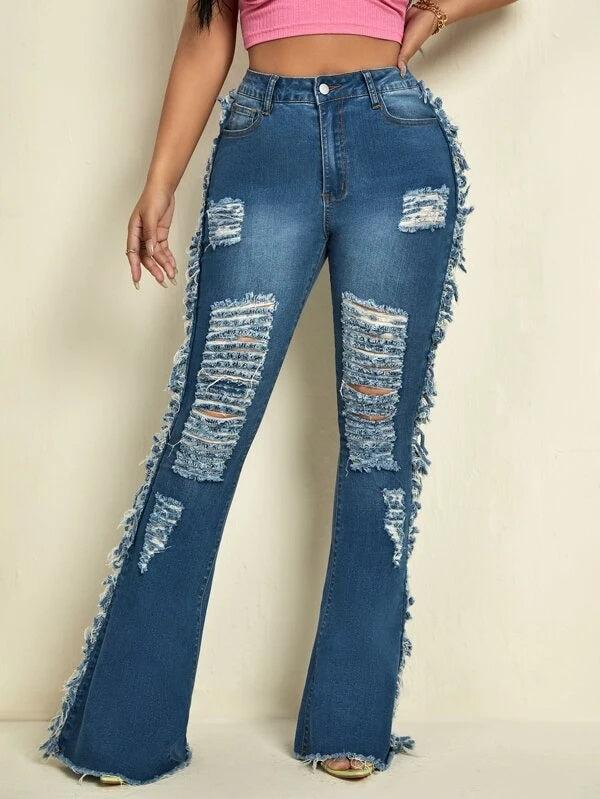 CM-BS054730 Women Casual Seoul Style Ripped Frayed Raw Hem Flare Leg Jeans