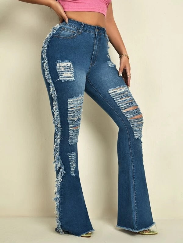 CM-BS054730 Women Casual Seoul Style Ripped Frayed Raw Hem Flare Leg Jeans