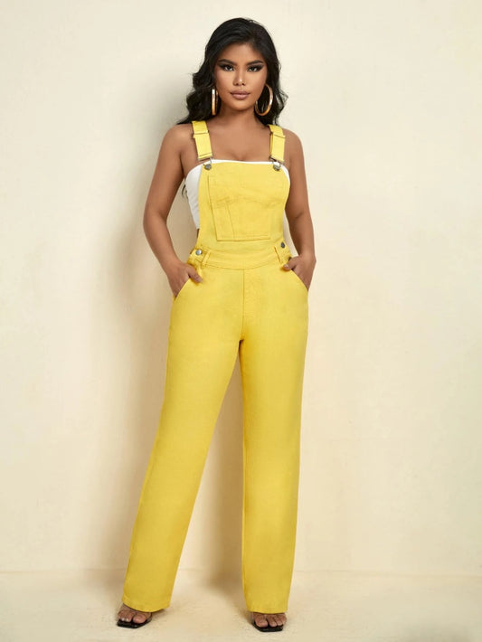 CM-JS552070 Women Preppy Seoul Style Patched Pocket Denim Straight Leg Overalls - Yellow
