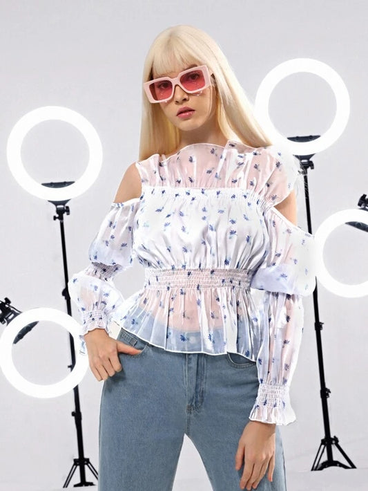 CM-TS944609 Women Trendy Bohemian Style Ditsy Floral Print Cold Shoulder Ruffle Trim Organza Top