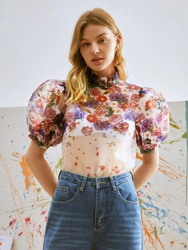 CM-TS570955 Women Casual Seoul Style Floral Print Puff Sleeve Sheer Organza Blouse