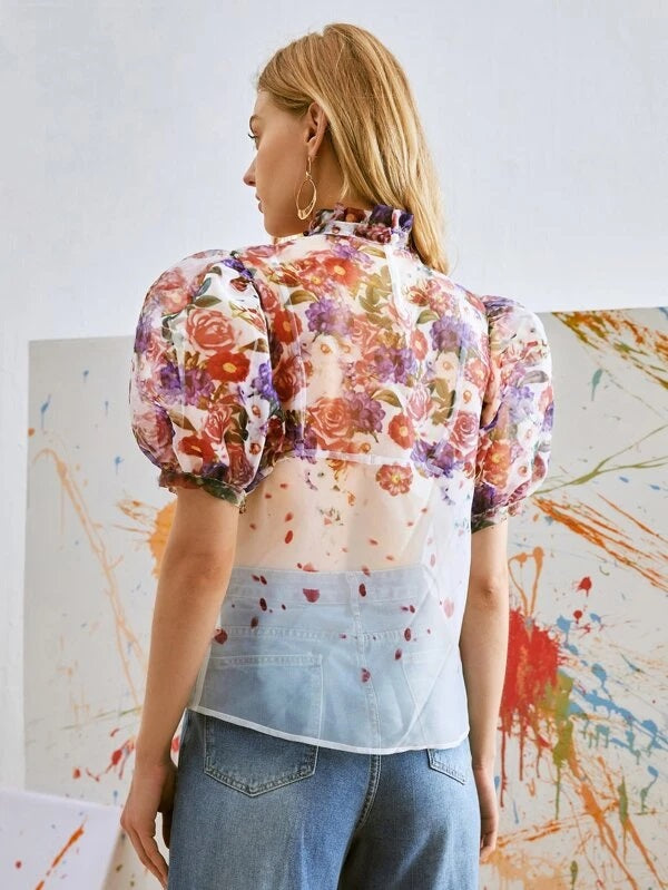 CM-TS570955 Women Casual Seoul Style Floral Print Puff Sleeve Sheer Organza Blouse