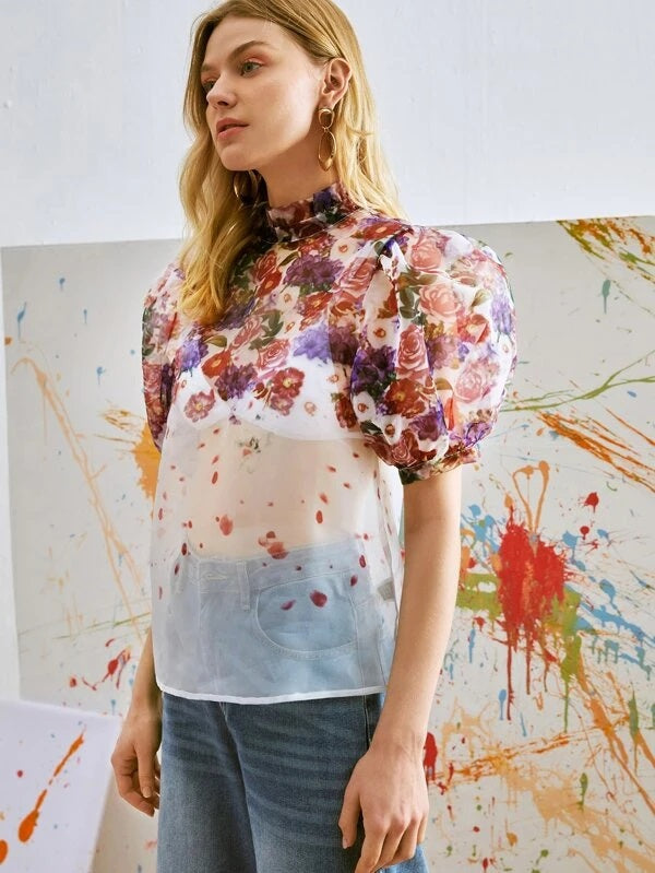 CM-TS570955 Women Casual Seoul Style Floral Print Puff Sleeve Sheer Organza Blouse