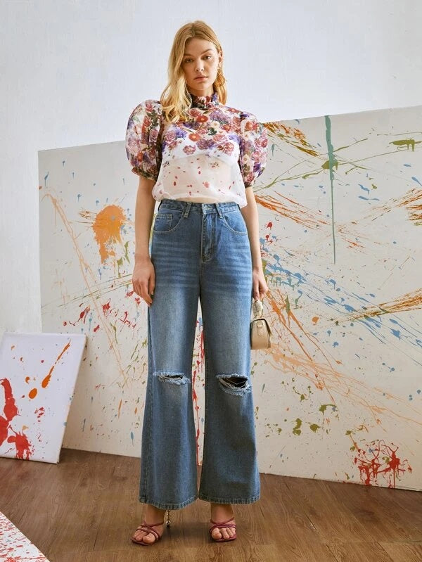 CM-TS570955 Women Casual Seoul Style Floral Print Puff Sleeve Sheer Organza Blouse
