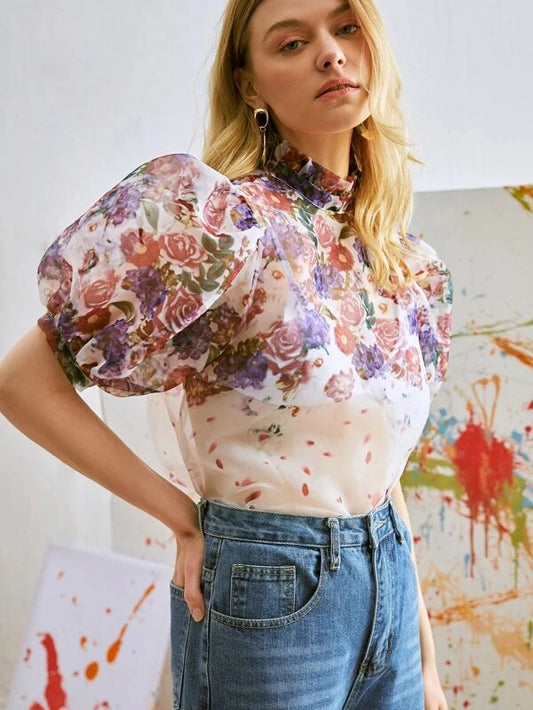 CM-TS570955 Women Casual Seoul Style Floral Print Puff Sleeve Sheer Organza Blouse