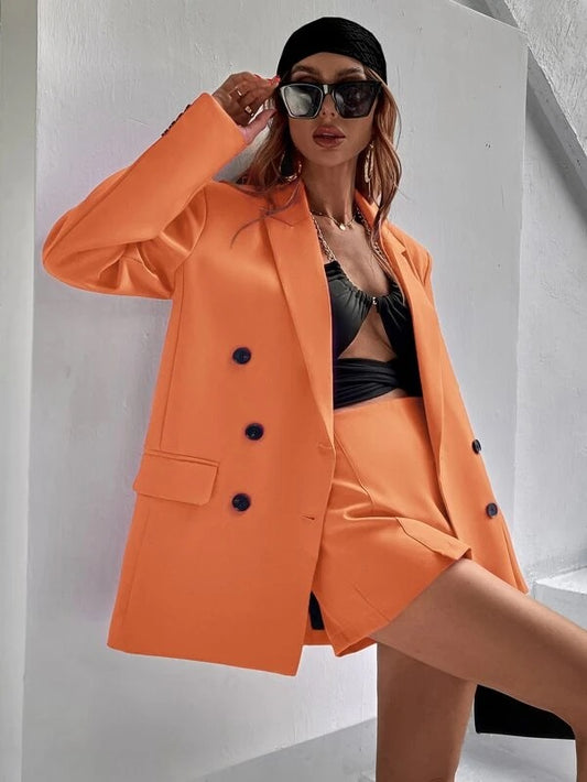 CM-CS140042 Women Elegant Seoul Style Flap Detail Double Breasted Lapel Neck Blazer - Orange
