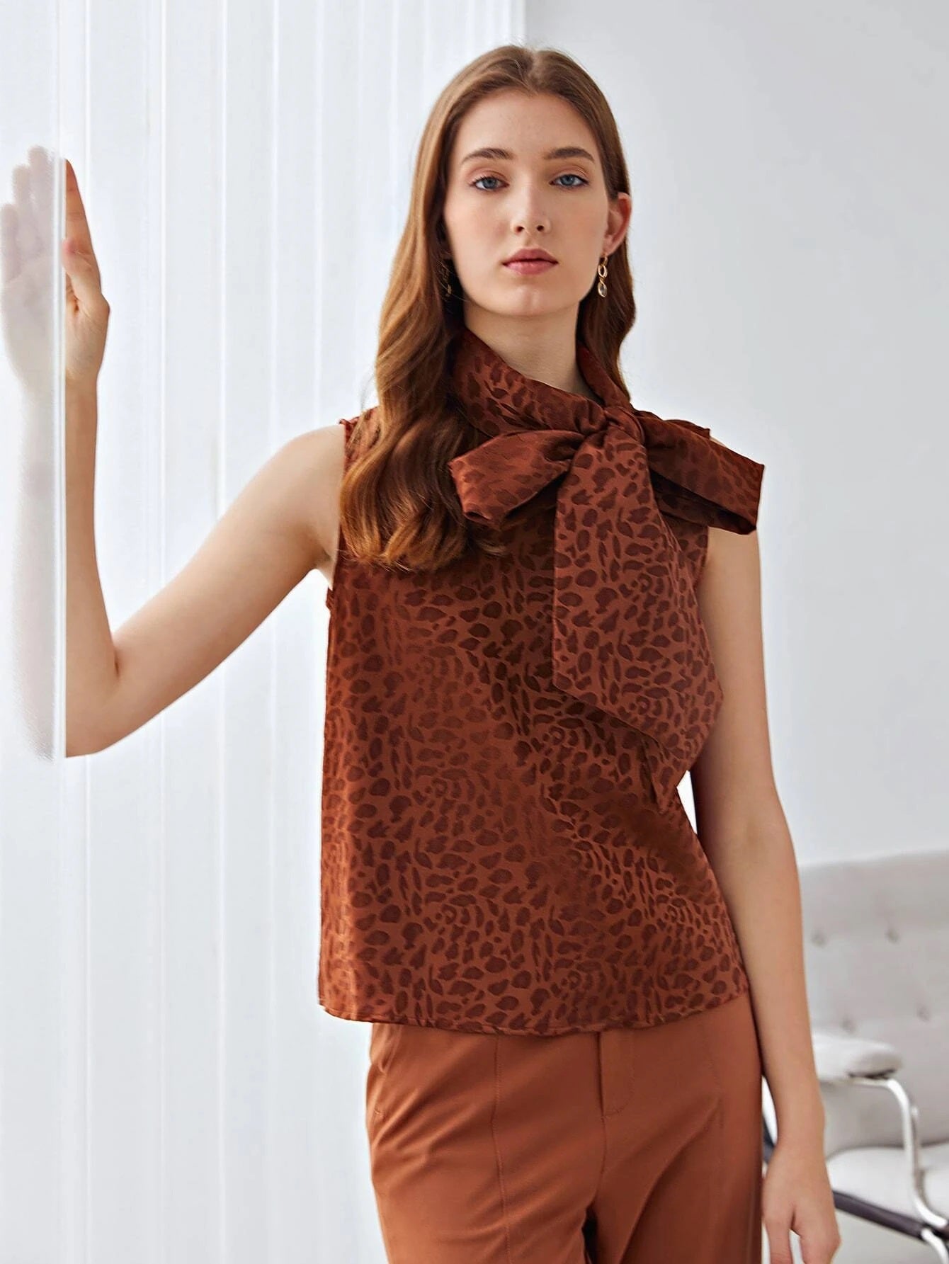 CM-TS389822 Women Elegant Seoul Style Sleeveless Jacquard Tie Neck Top - Brown