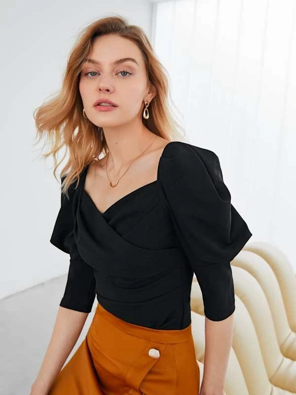 CM-TS979417 Women Elegant Seoul Style Leg-Of-Mutton Sleeve V-Neck Blouse - Black